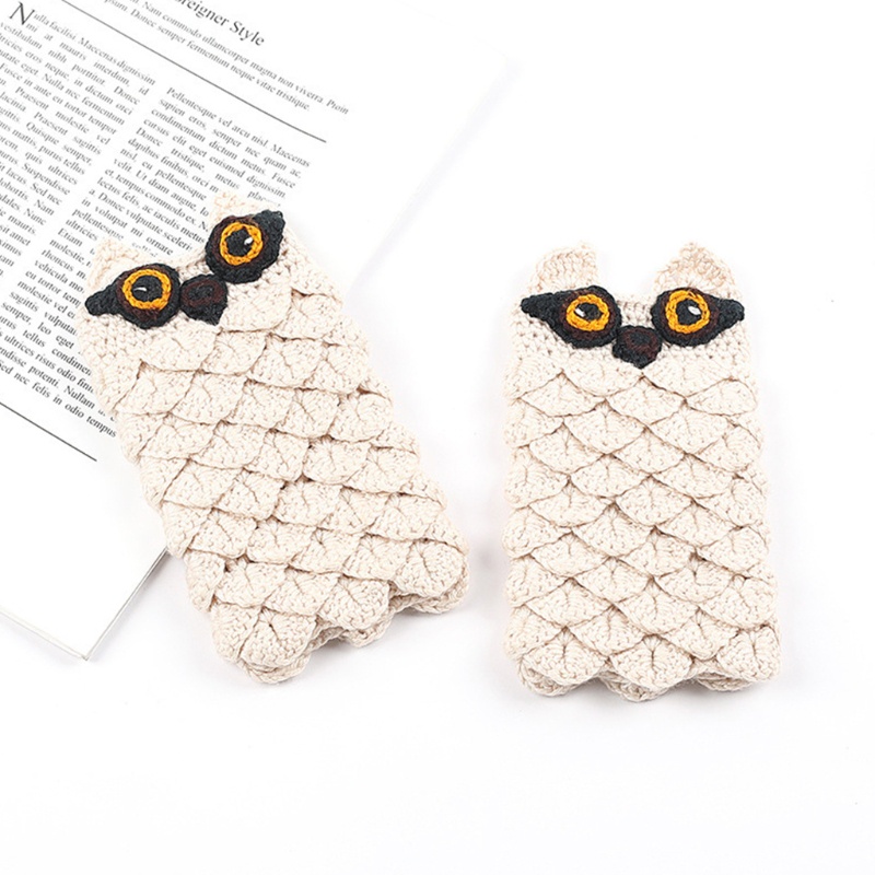 Găng Tay Len Dệt Kim Hở Ngón Họa Tiết Cú Hoạt Hình Giữ Ấm Mùa Đông