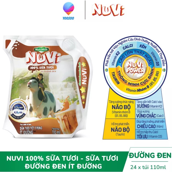 [CÓ THẺ ĐỔI QUÀ] Thùng 24 túi NuVi 100% Sữa Tươi – Sữa Tươi Tiệt Trùng Ít Đường Vị Đường Đen Túi NuVi Power 110 ml - YSM