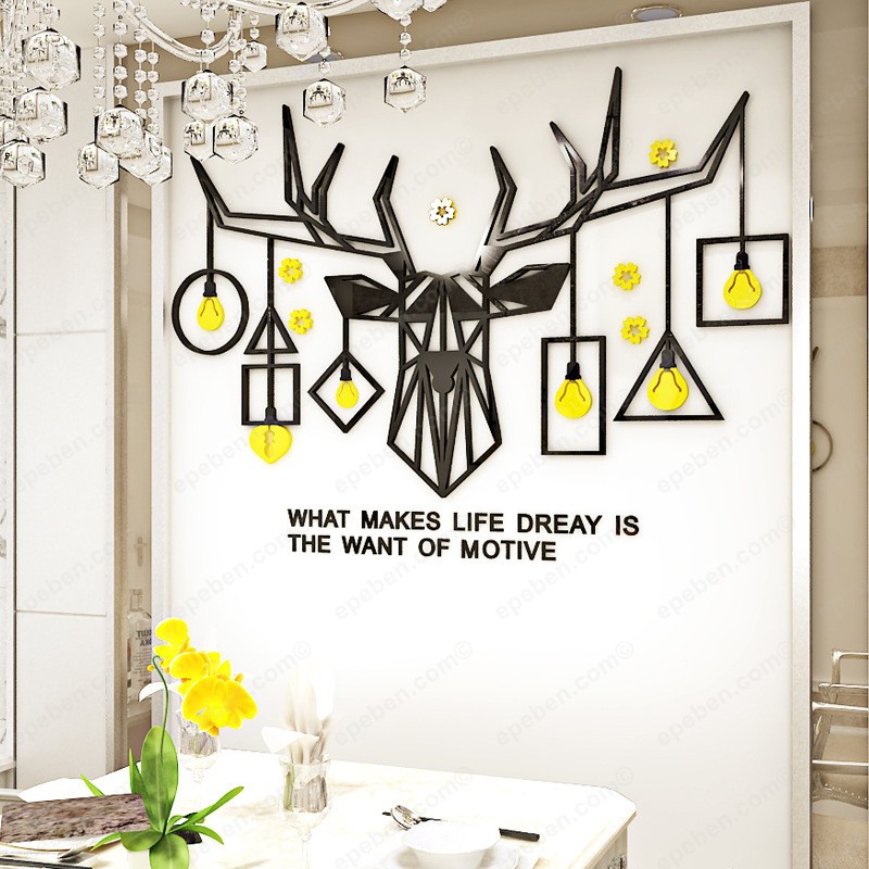 Tranh dán tường mica 3d decor khổ lớn đầu tuần lộc có sừng trang trí phòng khách, phòng ngủ Nhiều Size - EPeBen