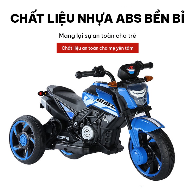 Xe mô tô điện trẻ em động cơ mạnh mẽ di chuyển trên nhiều địa hình khác nhau dung lượng bình điện lớn chất liệu nhựa bền