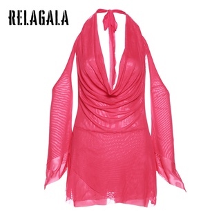 RelaGala Thời Trang Nữ Gợi Cảm Dây Thấp Màu Trơn Không Đều Đầm