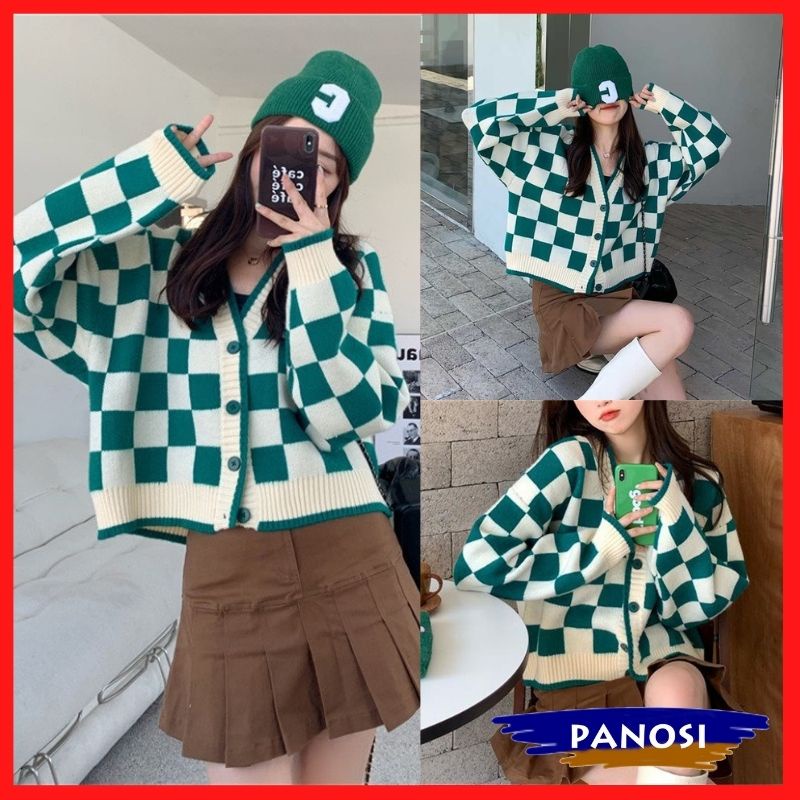 Áo khoác len áo cardigan len sọc caro xanh dáng croptop phong cách trẻ trung cá tính PANOSI - A665