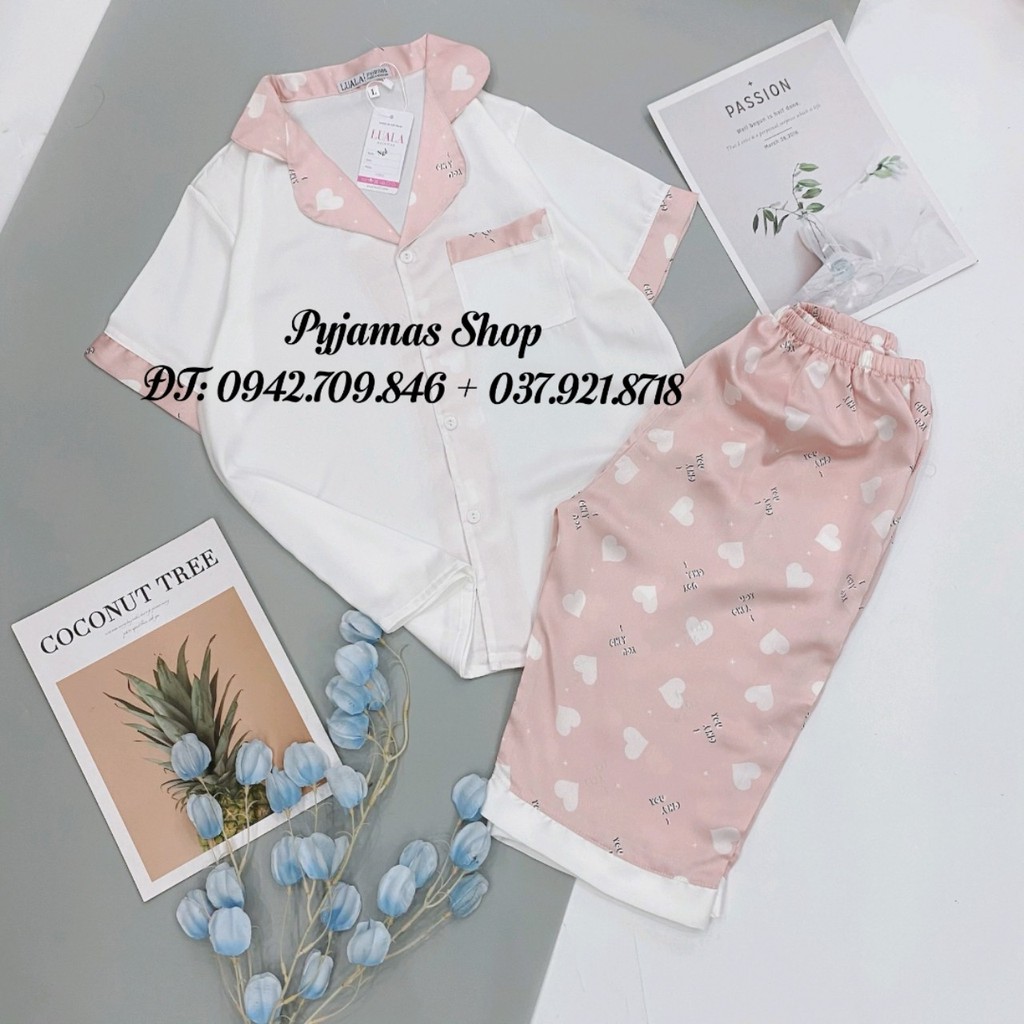 Đồ ngủ lụa Pijama  - trái tim - quần lửng - vải đẹp loại 1