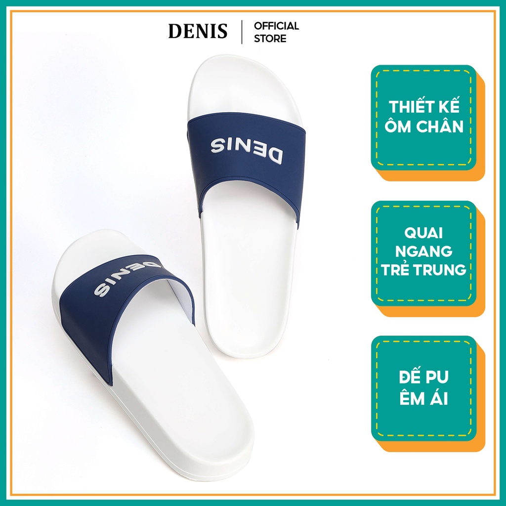 Dép quai ngang Denis Unisex Slipper Quai Xanh Biển Chữ Trắng DN03