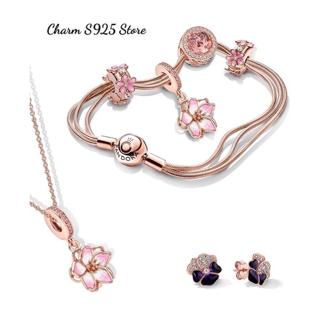 CHARM PAN ALE TREO HOA PANSY VÀNG HỒNG BẠC S925 CAO CẤP