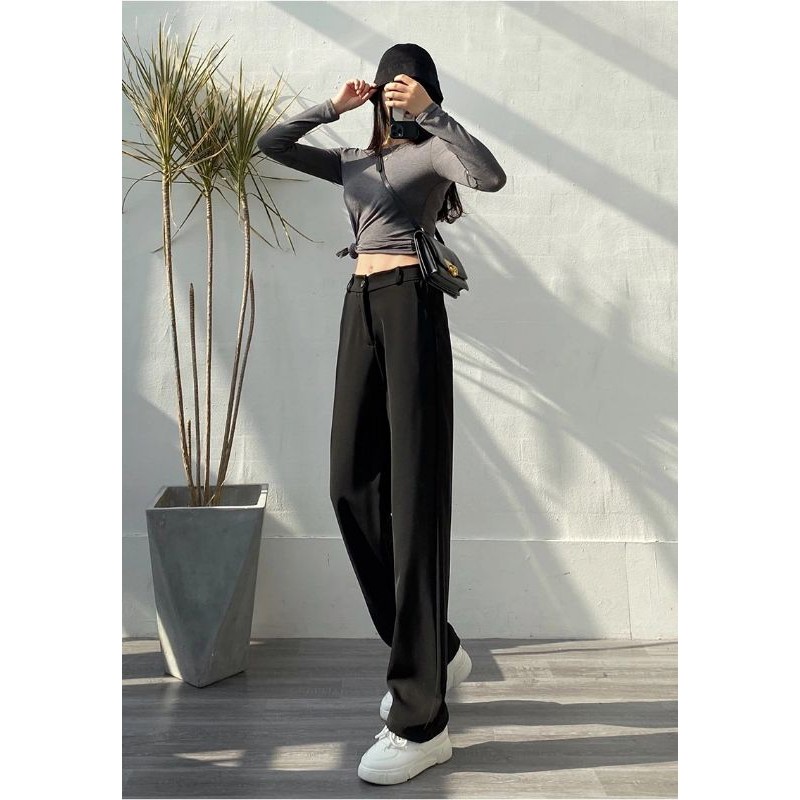 Quần ống suông nữ lưng cao đen dáng đứng dài công sở chất vải mềm - Quần ống rộng culottes cạp cao khóa trước mặc đi học