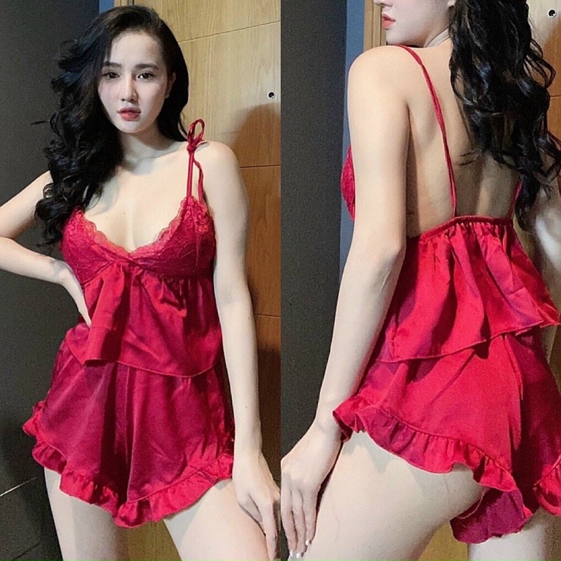 Bộ ngủ sexy hai dây cột có mút lụa satin cao cấp