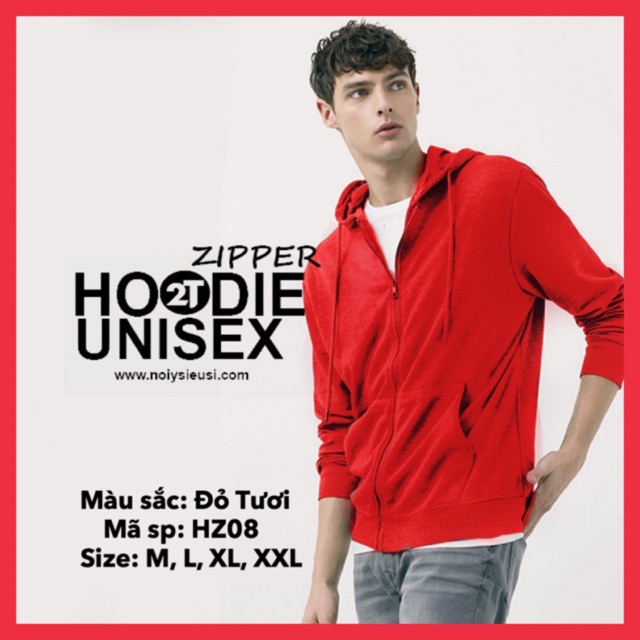 Áo hoodie zipper unisex 2T Store HZ08 màu đỏ tươi - Áo khoác nỉ dây kéo nón 2 lớp dày dặn chất lượng đẹp