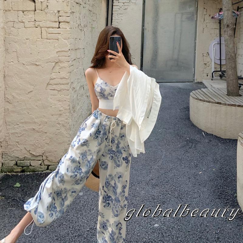 Set Áo 2 Dây Cổ Chữ V In Hoa + Quần Dài Lưng Thun Thời Trang Nữ