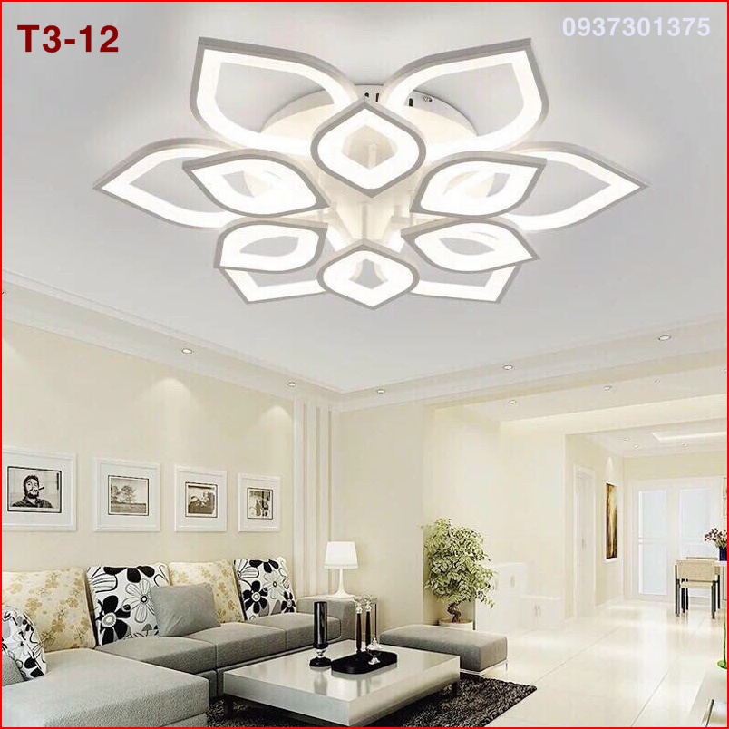Đèn Trần led hiện đại 12 cánh sen rộng 880mm,có hạt pha lê treo trang trí, ánh sáng 3 màu,có điều khiển phân tầng,Bảo hà
