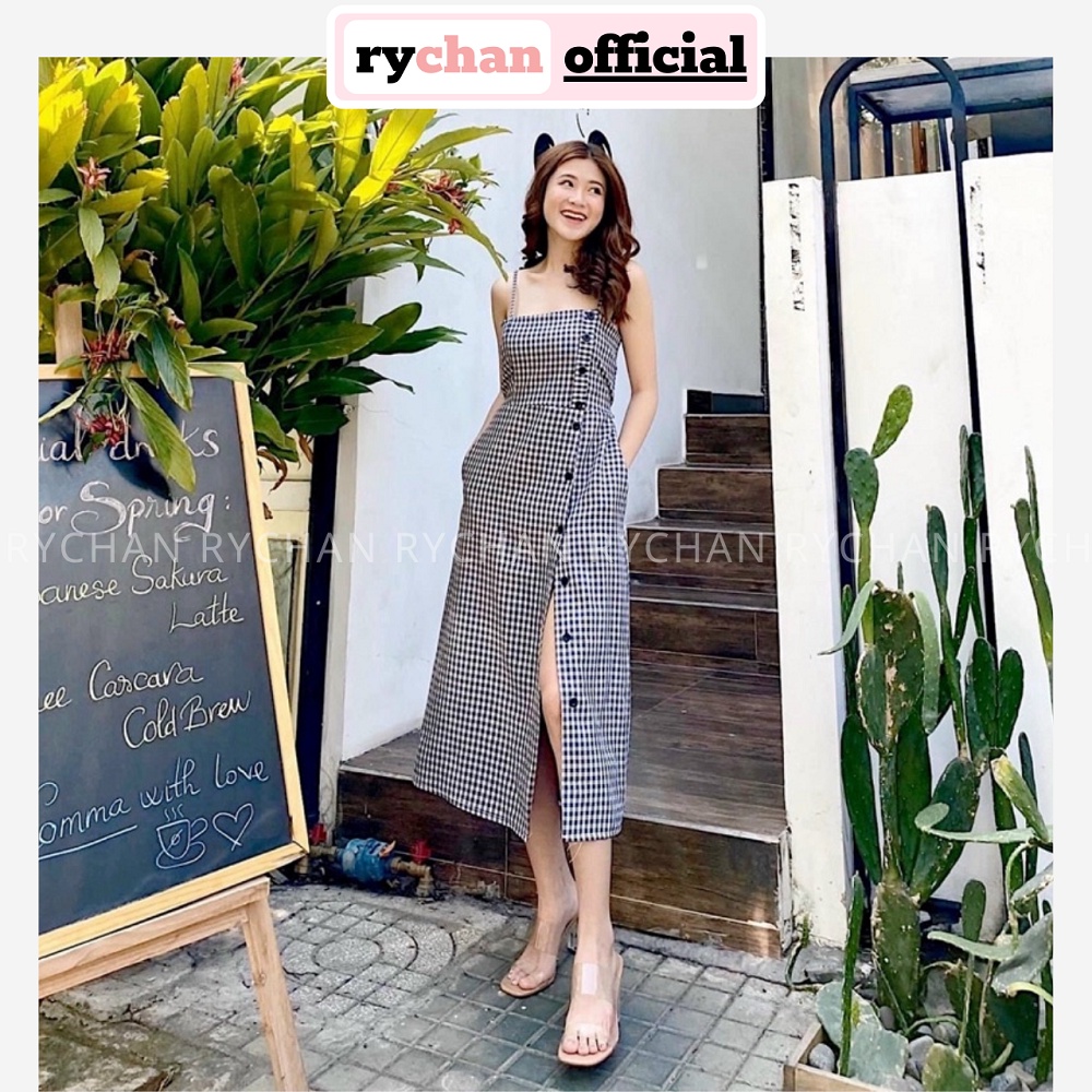 Đầm Nữ Đi Du Lịch Biển 2 Dây Caro Gài Nút Xẻ Tà Cực Trendy - DX9755