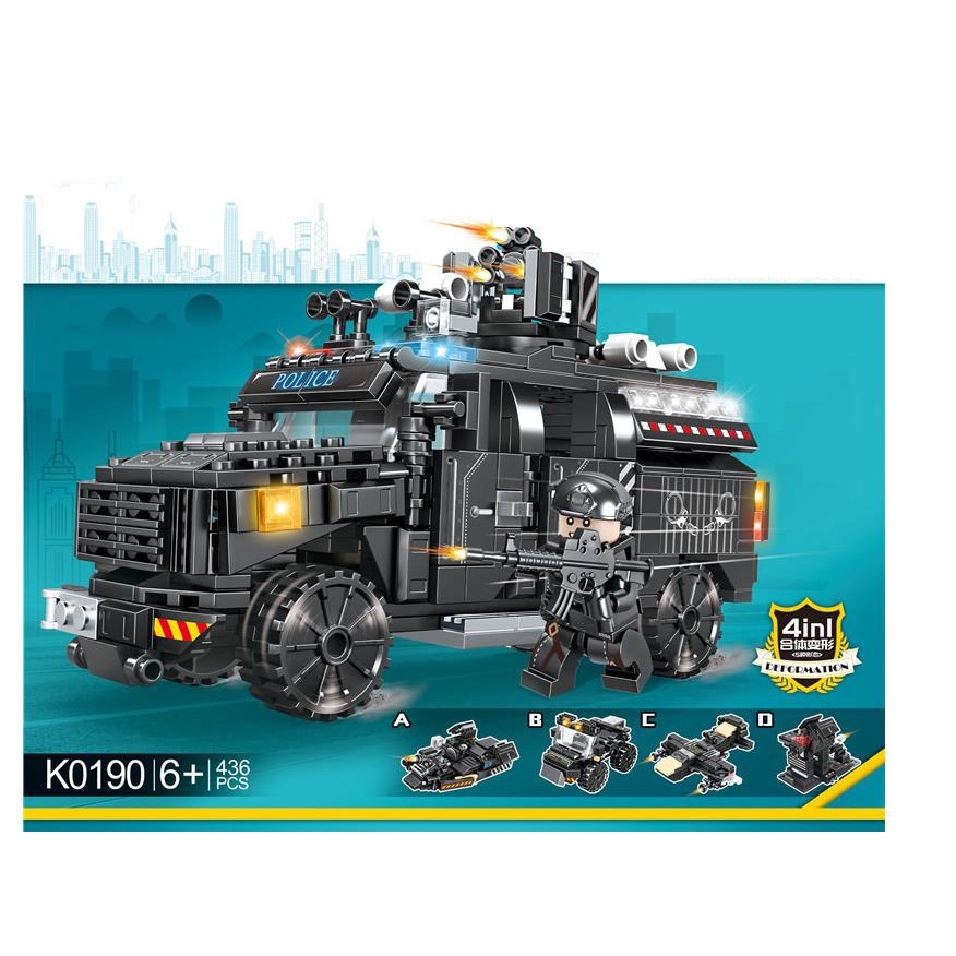 BỘ ĐỒ CHƠI XẾP HÌNH Xe OTO SWAT - Đồ Chơi Lắp Ráp Xe Cảnh Sát – 4 Trong 1