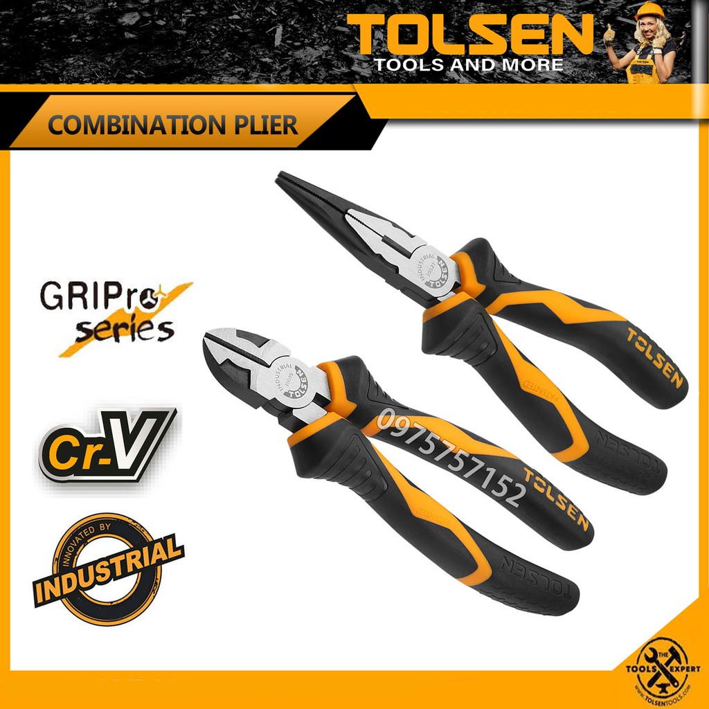 Bộ kìm cắt, kìm nhọn - kìm công nghiệp TOLSEN 6 inch/ 160mm, thép CR-V cao cấp hợp kim Niken – Tiêu chuẩn Châu Âu