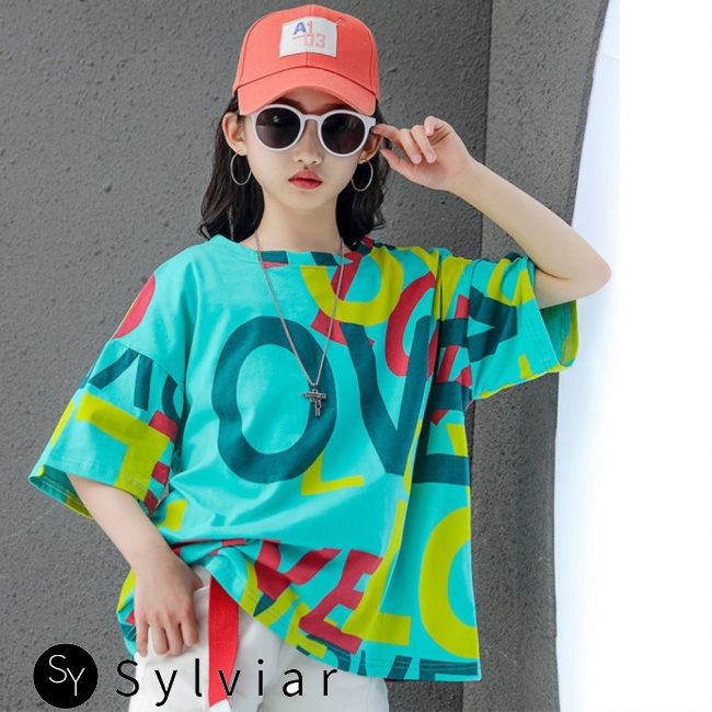 Áo thun tay ngắn cổ tròn dáng rộng in chữ thời trang cho bé gái 4-10 tuổi