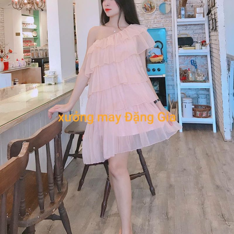 Đầm tầng lệch vai hồng nude sang chảnh, đầm lệch vai giấu bụng bầu mặc chuẩn đẹp DG4213