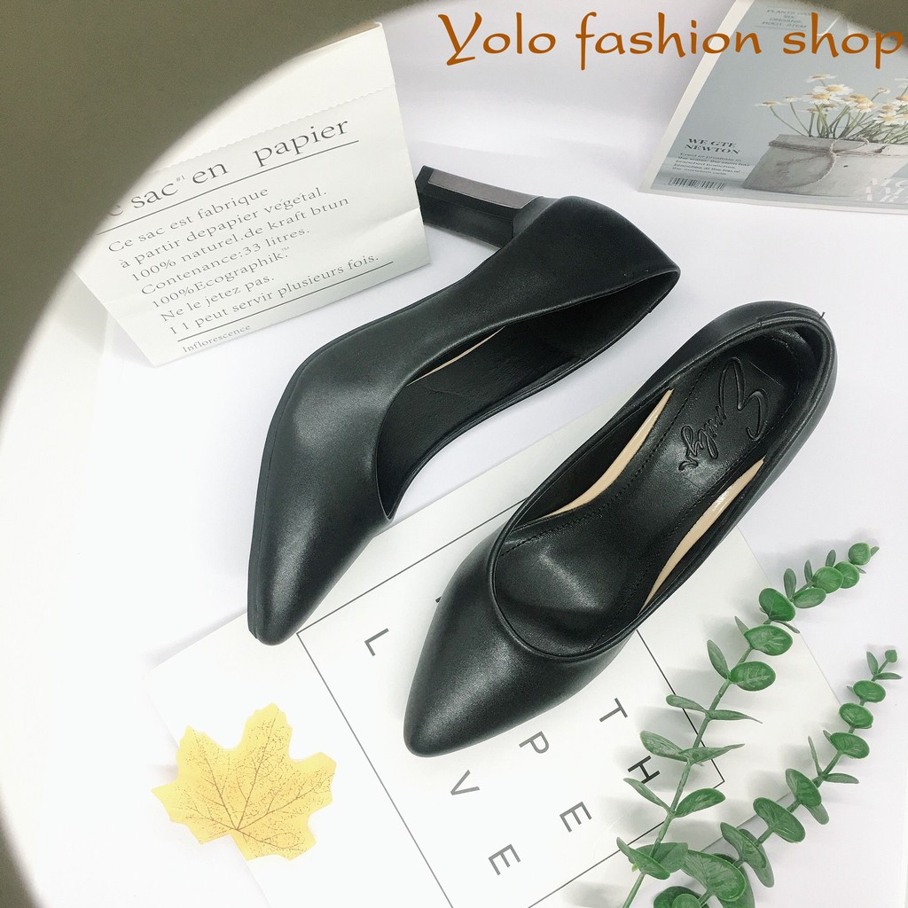 Giày cao gót nữ da lì đế vuông 7cm phối kim loại dáng basic hàng VNXK da mềm êm chân -HC08