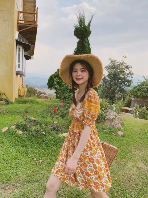(Săn) Váy đầm tay phồng hở lưng dáng xoè