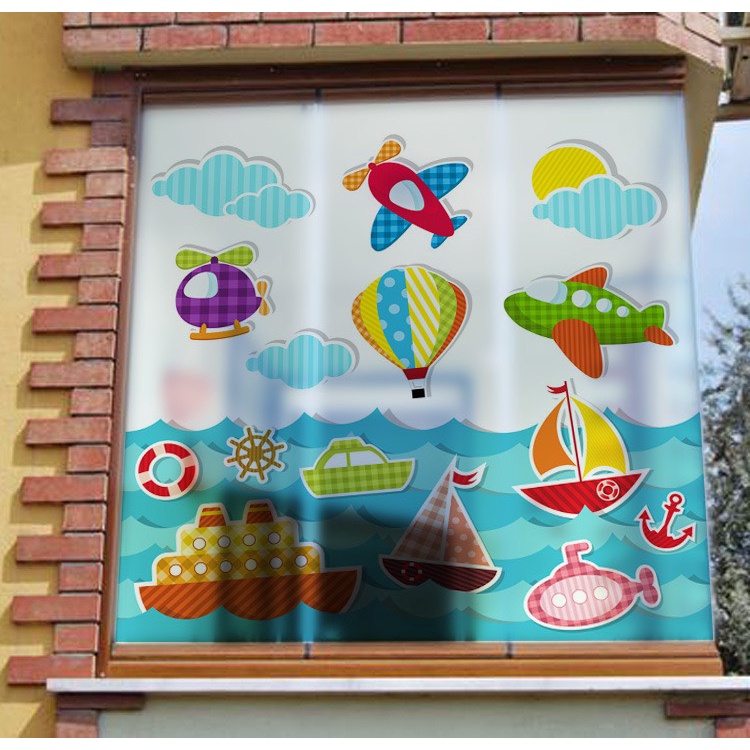 Decal dán kính cao cấp - Tàu , thuyền , máy bay và khinh khí cầu đầy màu sắc ( 58x60cm )