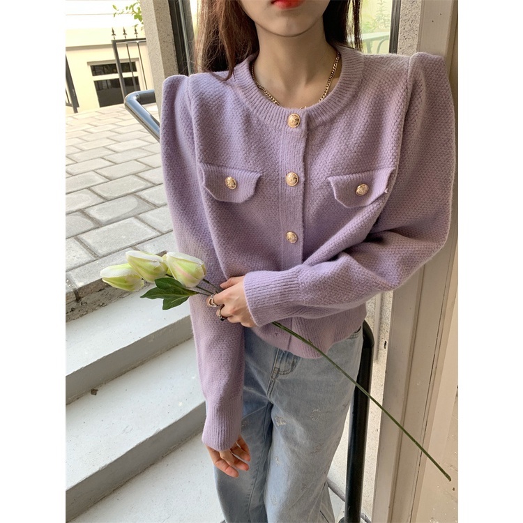 Áo cardigan crop top dệt kim tím tiểu thư phong cách Hàn Quốc