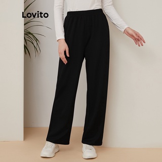 110QL 1206de-Lovito Quần ống thẳng lưng thun trơn vừa phải L21EN138 (Đen)