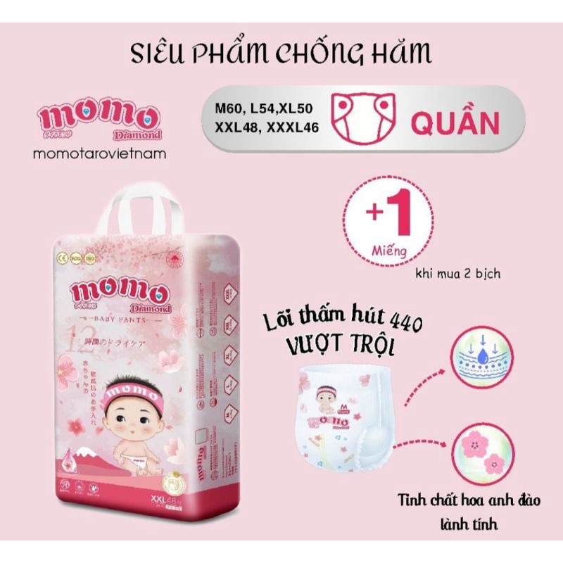 Tã quần dán/ quần Momo Diamond organic đủ size S64/M62/M60/L54/XL50/2XL48/3XL46