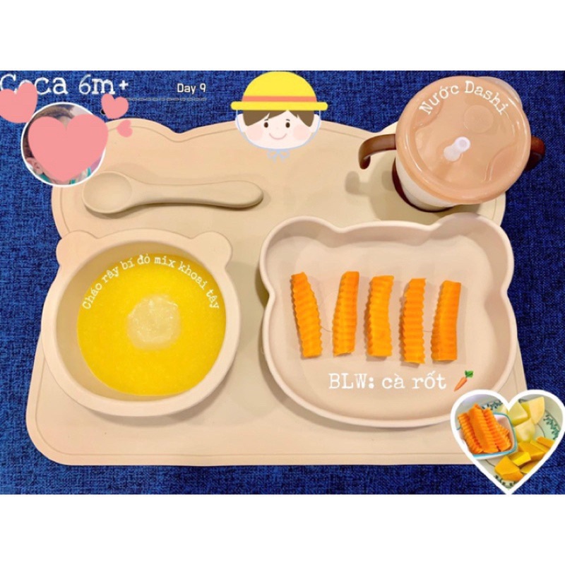 Set ăn dặm silicon hình gấu cho bé: tấm lót bàn ăn, bát, cốc, khay ăn dặm silicon chống lật