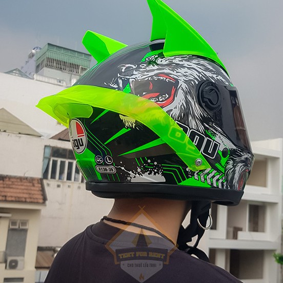 Combo Mũ bảo hiểm fullface AGU sói xanh lá + sừng + đuôi gió tông màu monster kawasaki z