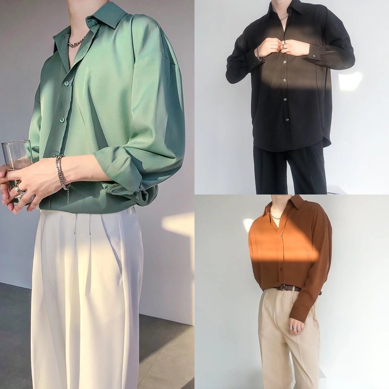 Áo Sơ Mi Tay Dài Dáng Rộng Màu Sắc Đơn Giản Dễ Phối Đồ Thời Trang Mùa Hè Cho Nam Size M-3XL