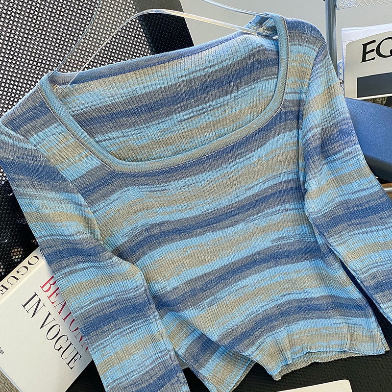 Áo Sweater Dệt Kim Tay Dài Dáng Ôm Kẻ Sọc Màu Sắc Tương Phản Thời Trang Mùa Thu Cho Nữ