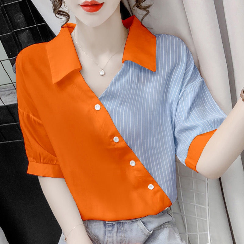 Áo Sơ Mi Chiffon Ngắn Tay Form Rộng Họa Tiết Kẻ Sọc Màu Sắc Tương Phản Thời Trang Mùa Hè Cho Nữ