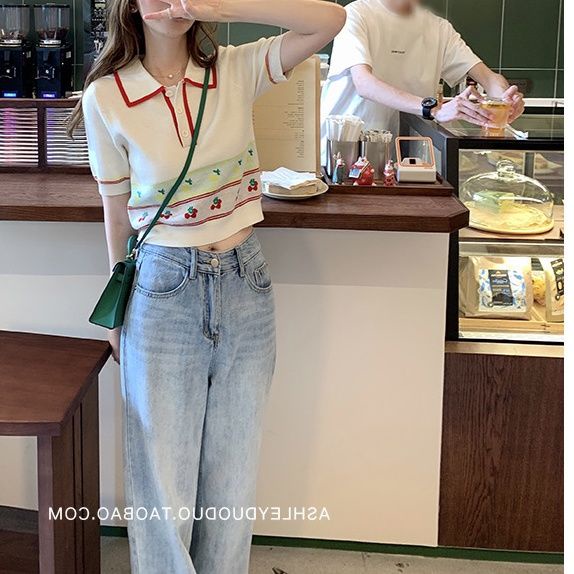 Áo Dệt Kim Tay Ngắn Cổ Bẻ Phong Cách Retro Dành Cho Nữ