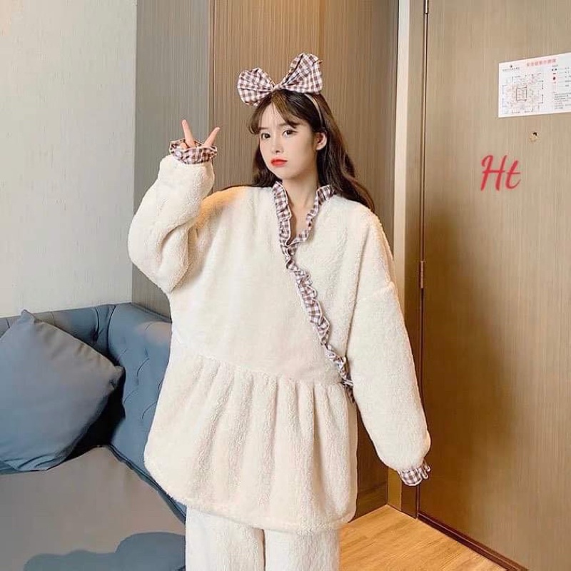 Bộ ngủ lông viền kẻ kèm bờm H2