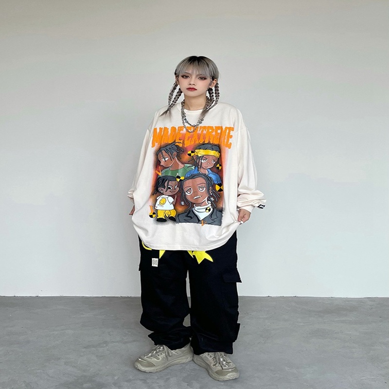 Áo sweater IELGY vải cotton mỏng dáng rộng dài tay cổ tròn phong cách retro thời trang Âu Mỹ cho nữ