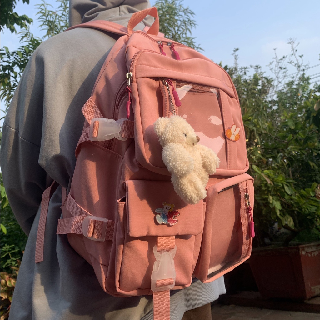 Balo đi học thời trang ULZZANG chống nước nhiều ngăn đựng laptop, đi chơi, du lịch tặng kèm gấu và sticker ngẫu nhiên