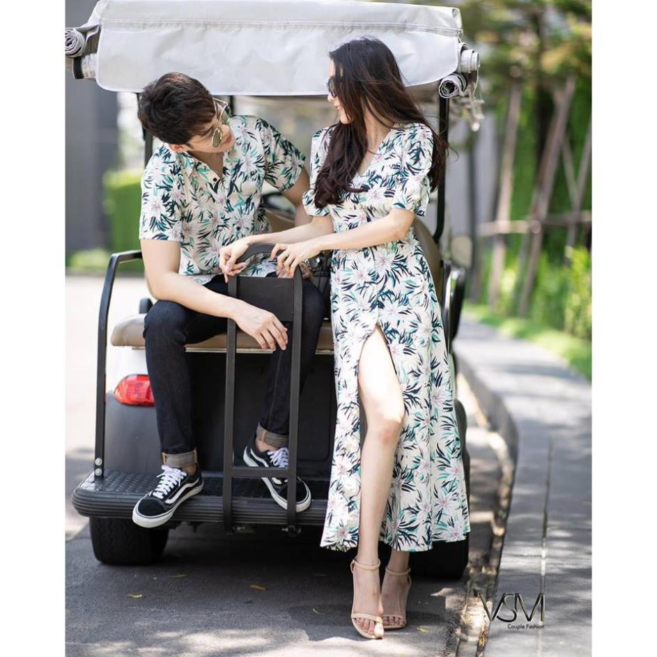 Áo Đôi Váy sơ mi đi biển xẻ tà họa tiết hoa lá Vsm Couple nam nữ đẹp Hàn Quốc AV20 New * 👌