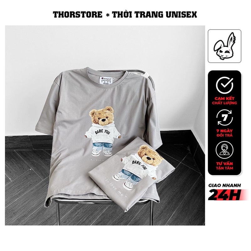 Áo thun tay lỡ nam nữ,in hình Dare màu xám