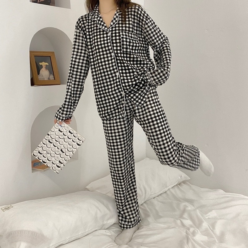 Bộ pijama chất đũi xốp kẻ ô tay dài quần dài siêu hot thu đông năm 2022