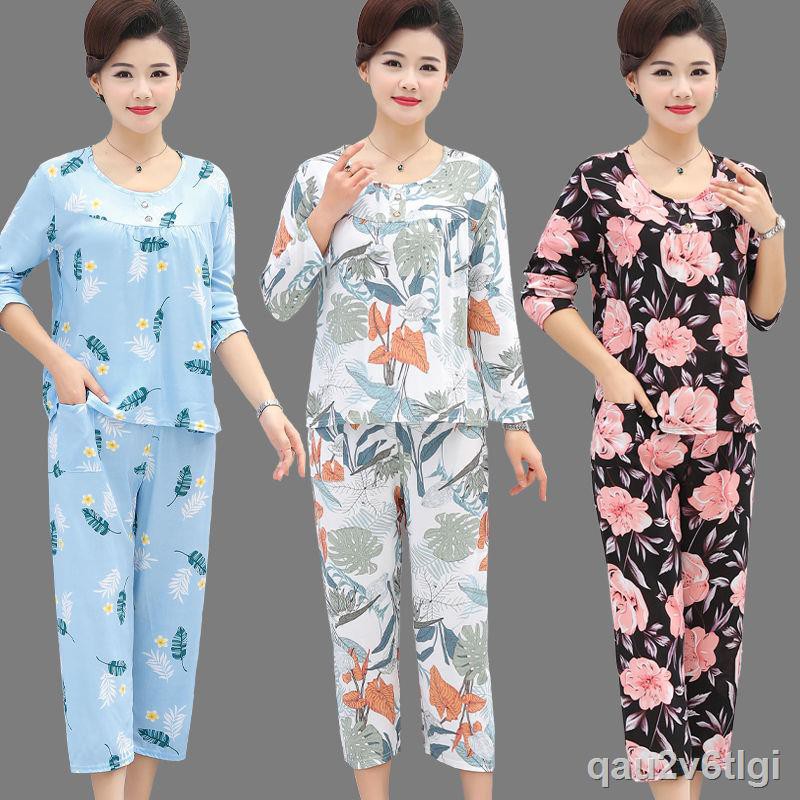 > đồ ngủ cotton trung niên, quần dài tay, bộ hai mảnh, mặc nhà nhân tạo của phụ nữ