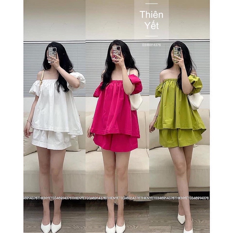 Sét bộ áo trễ vai tay bồng kèm quần sooc đùi 3 màu hồng cam đen siêu xinh chất kate xịn chuẩn ảnh