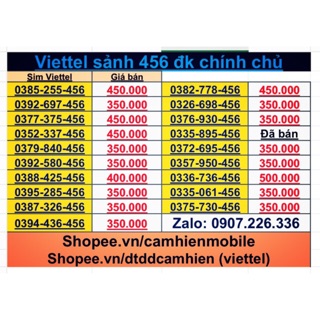 Sim Viettel 10 số sảnh 456 (đk chính chủ )