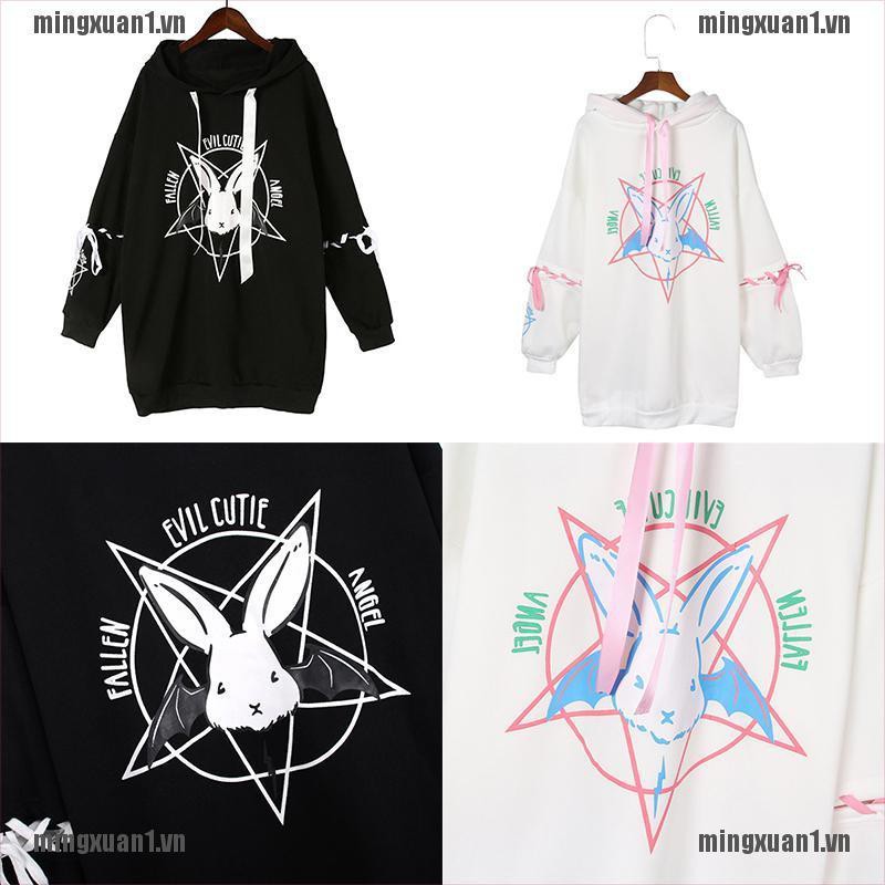 MINON Harajuku Print Lace Up Sweatshirt Women Hoodie Gothic Hooded Pullover Streetwear VN