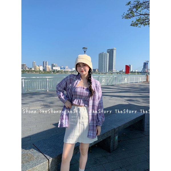 [STR] Set áo sơ mi caro mix 2 dây nhún S509