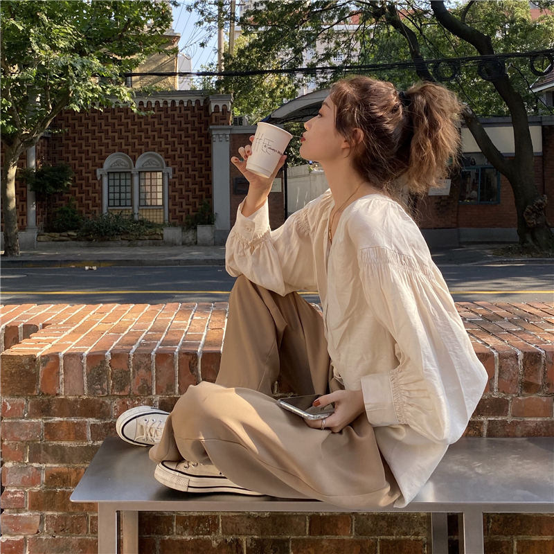 Áo kiểu tay dài cổ chữ V màu trơn thanh lịch 37798