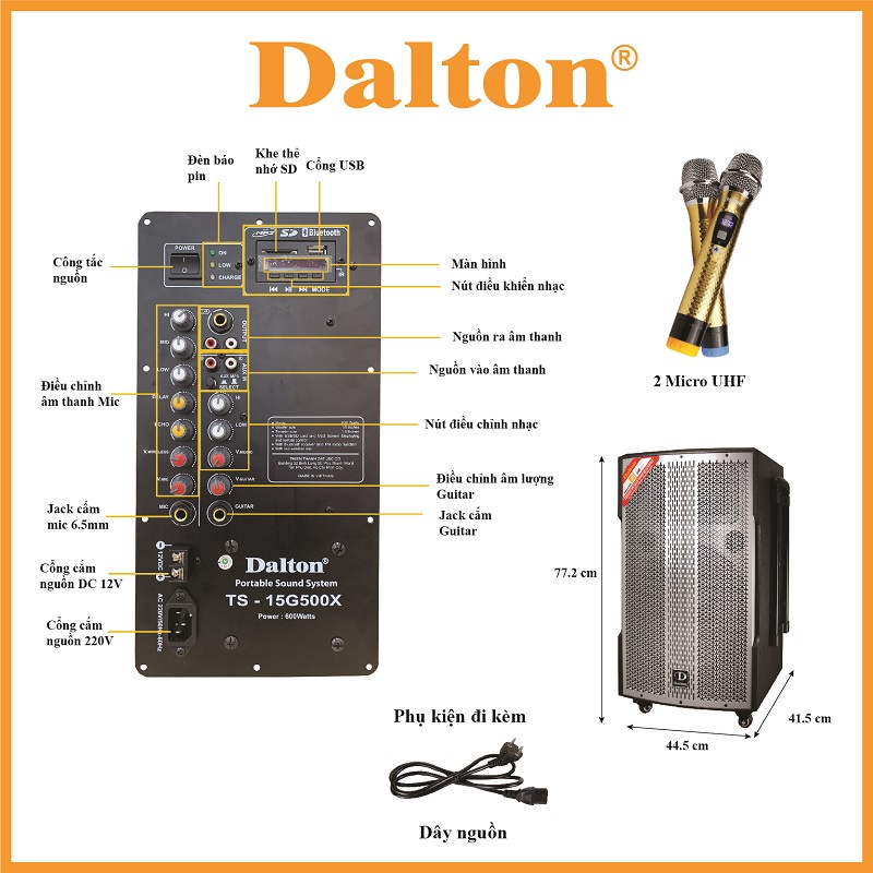 Loa kéo di động karaoke công suất lớn DALTON TS-15G500X, bass 4 tấc 600W kèm 2 micro không dây-BH 12 tháng.