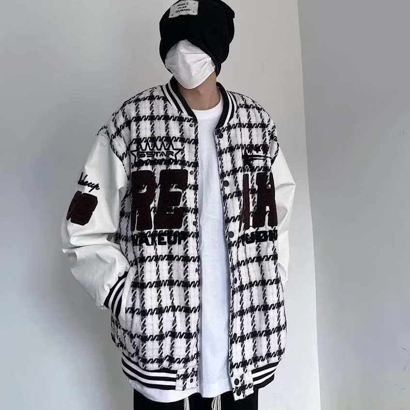 Áo Khoác Bóng Chày Vải Len Thêu Chữ Cái Đơn Giản Thời Trang Unisex