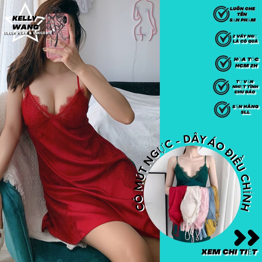 SX 618 - váy ngủ lụa gợi cảm có mút ngực - đầm ngủ ren -KellyWang