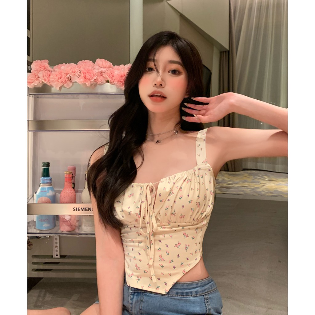 (ORDER) Áo hai dây hoa nhí màu vàng cúp ngực thắt nơ vạt chéo sexy cá tính mùa hè (new_arrivals)