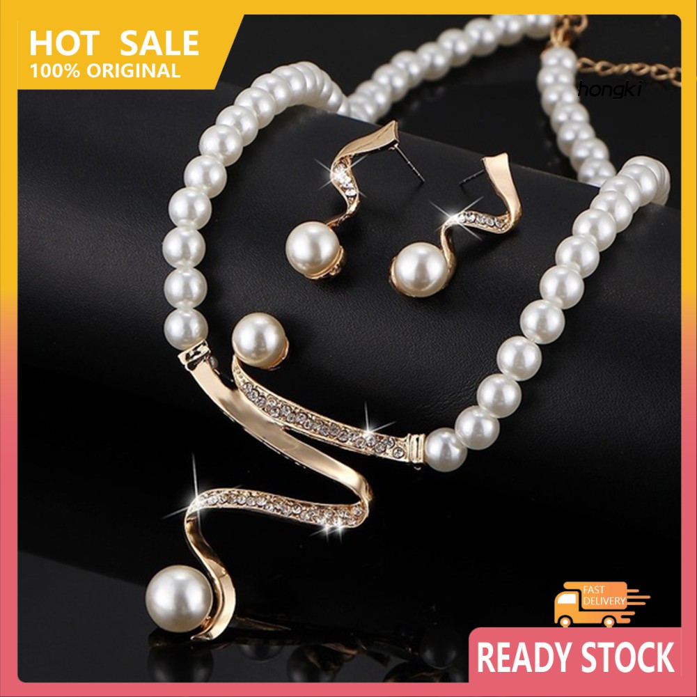 Bộ vòng cổ + bông tai đính ngọc trai giả sang trọng