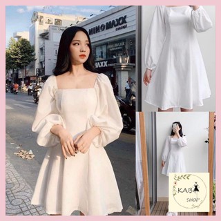 Váy đầm trắng cổ vuông tay bồng - Váy trễ vai dài tay chữ A ULZZANG