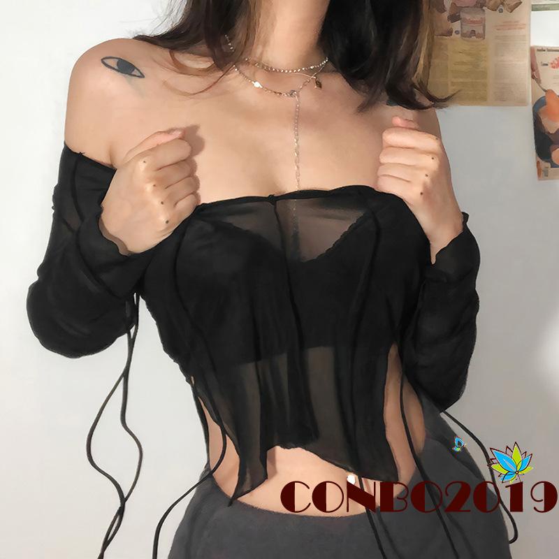 Áo Thun Tay Dài Phối Lưới Có Dây Điều Chỉnh Màu Sắc Thời Trang Quyến Rũ Cho Nữ